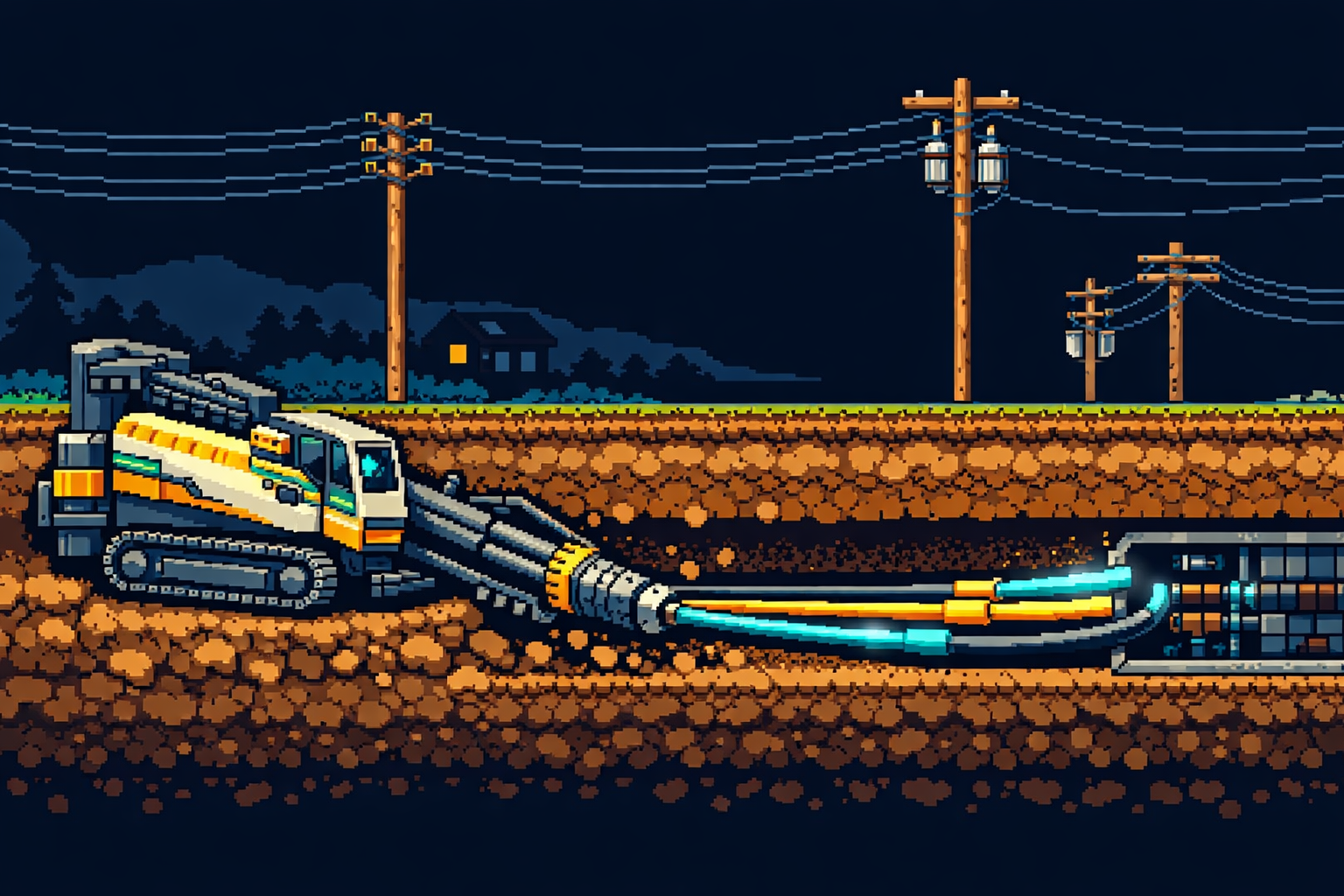 Pixel art illustration of a horizontal directional drill laying fiber optic cable underground with telephone poles above